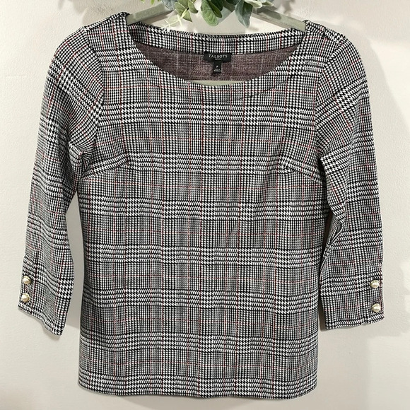 NWOT Talbots Petite Pearl Button Cuff 3/4 Sleeve Plaid Top P (0-2 Petite) - Picture 2 of 16